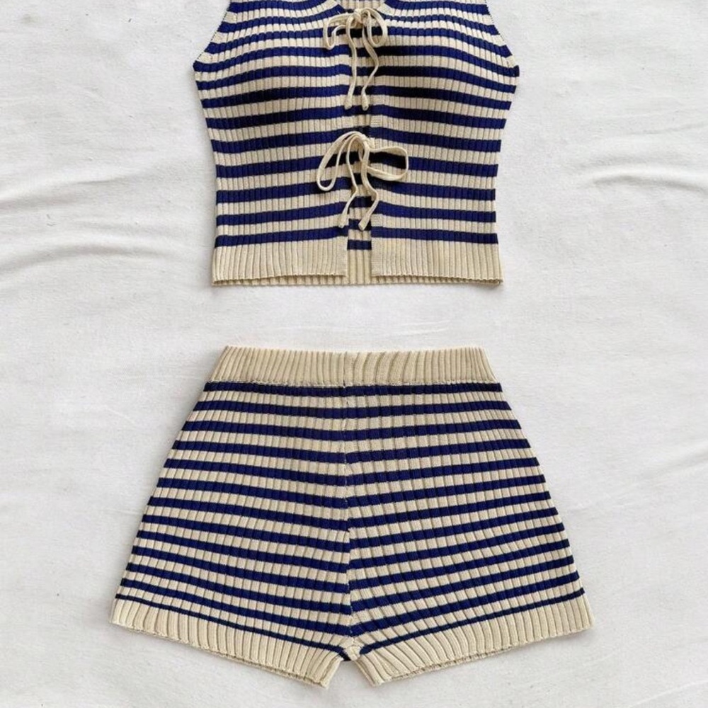 SHEIN Navy and Cream Striped High Waist Shorts